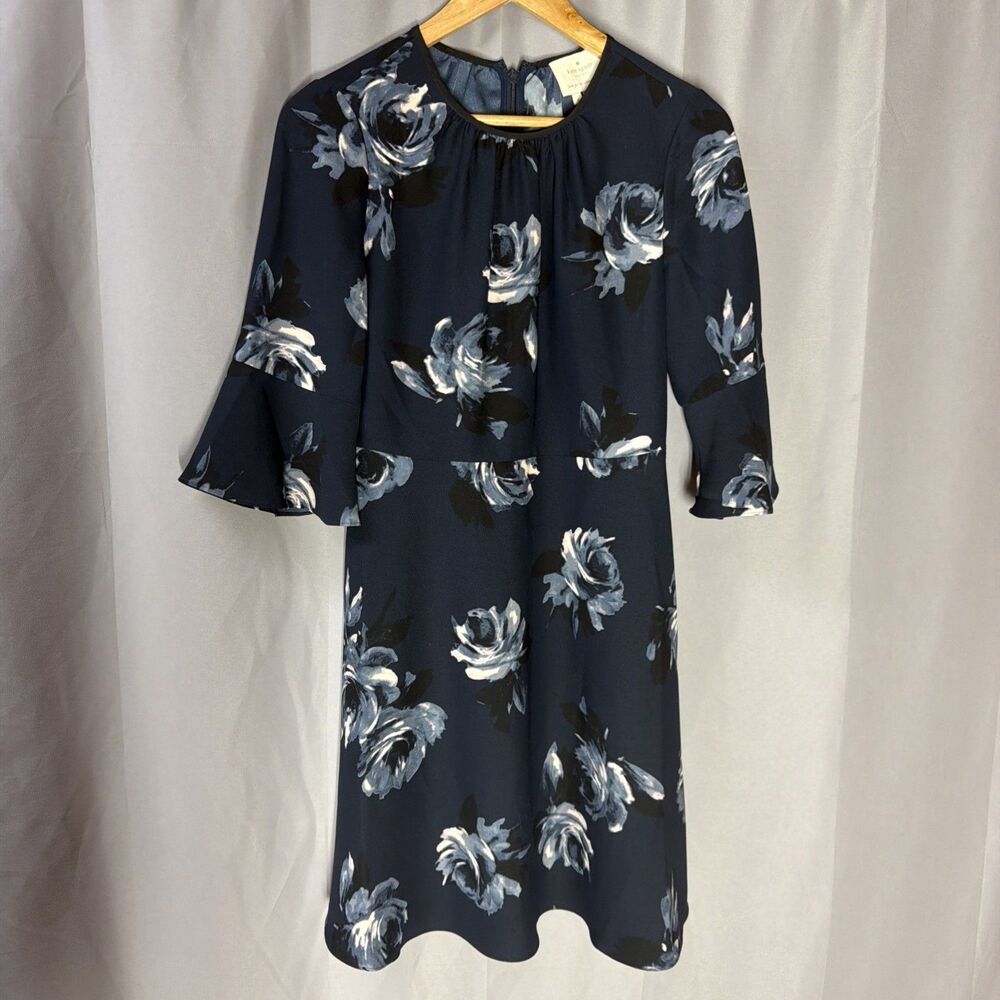 Kate Spade Dress Women’s Size 0 Blue Floral Rose  A Line 3/4 Bell Sleeve